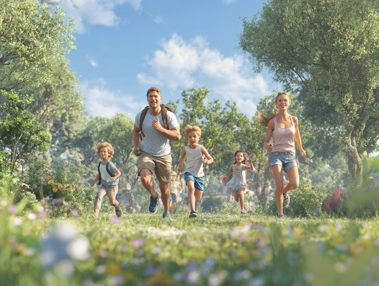 Grup de oameni făcând exerciții în natură